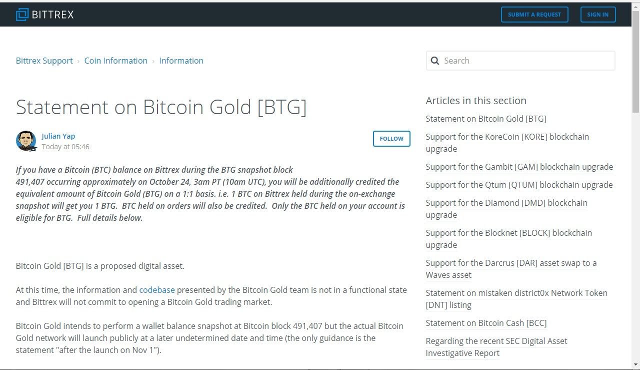 bittrex to support bitcoin gold