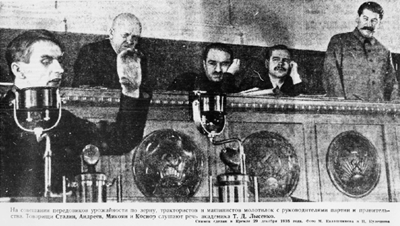 Trofim Lysenko speaking at the Kremlin in 1935. Public Domain.