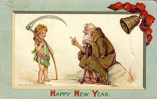 PostcardHappyNewYearOldManKidScytheHourglass1910