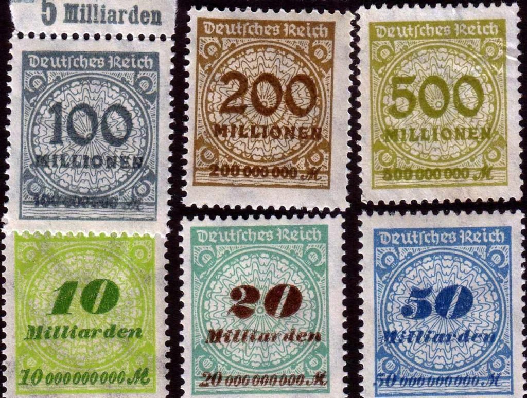 Postage stamps of Weimar Germany, hyperinflation of the early 1920s (Wikimedia Commons)