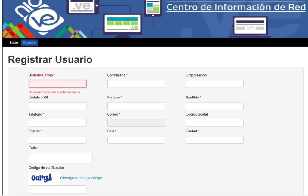 Registro de usuario en nic.ve