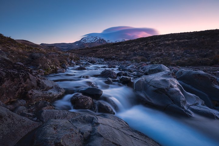 A river beneath Mount Ruapehu during Twilight