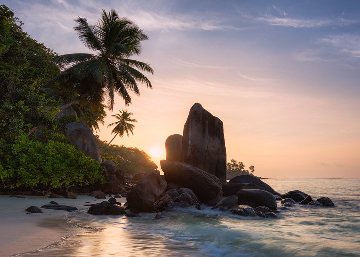 The granite rocks at Anse Royale on Mahe during Sunrise