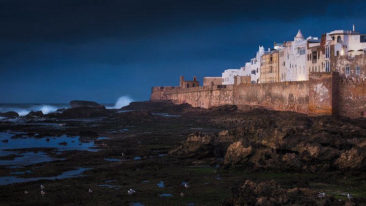 The skyline of Essaouira at dusk