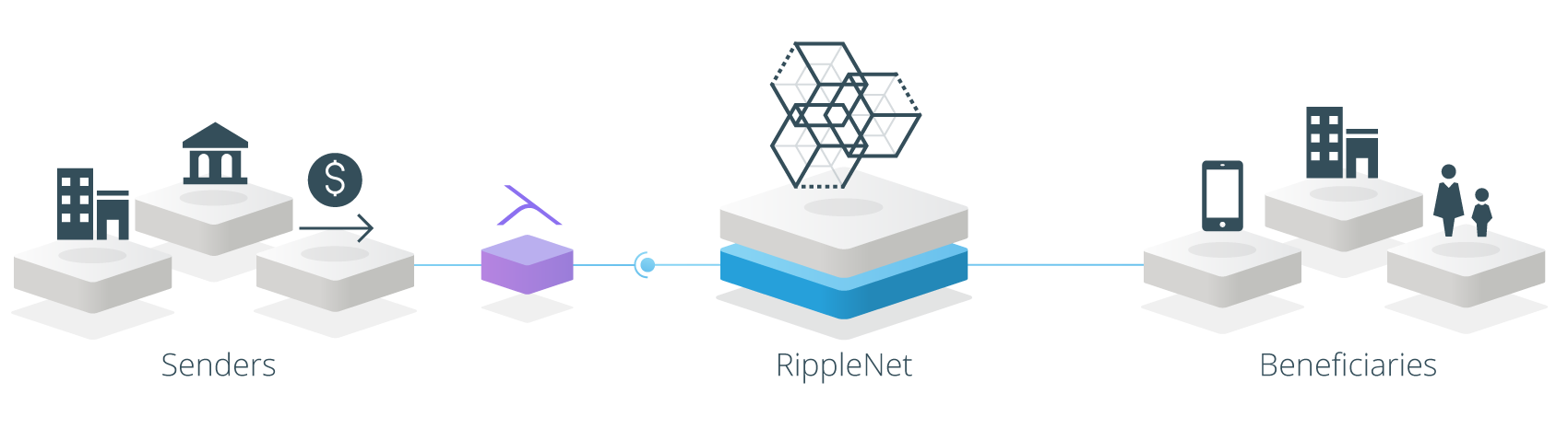 A visualization of banks using Ripple's xVia protocol to send payments using RippleNet.
