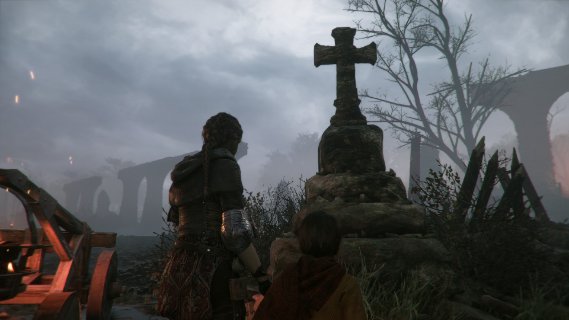 Amicia and Hugo staring at a stone cross monument on a battlefield