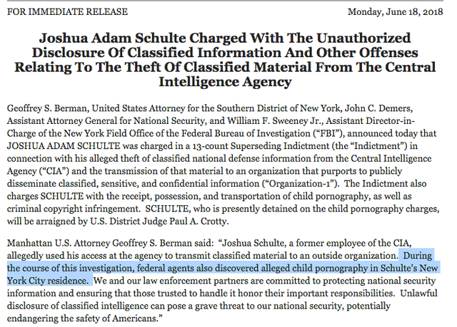  FOR IMMEDIATE RELEASE Monday, June 18, 2018 Joshua Adam Schulte Charged With The Unauthorized Disclosure Of Classified Information And Other Offenses Relating To The Theft Of Classified Material From The Central Intelligence Agency