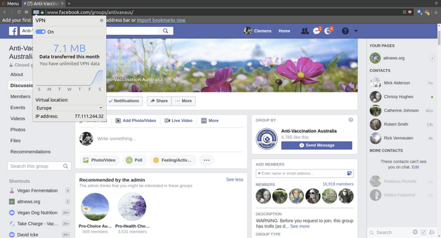 Setting up Opera to use VPN for the antivaxaus group on FB