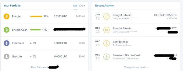 Coinbase stats with how many crypto coins you own