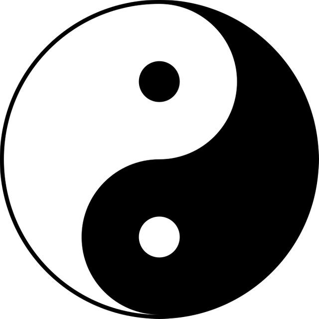 Yin-yang symbol; one black dot within a larger body of white and a white dot within a larger body of black. Both the dots and the bodies are identical to each other.