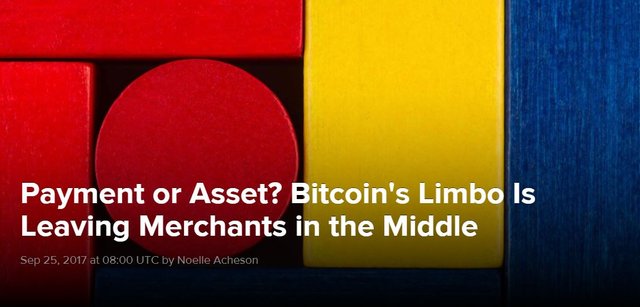Click image to view story: Payment or Asset? Bitcoins Limbo Is Leaving Merchants in the Middle