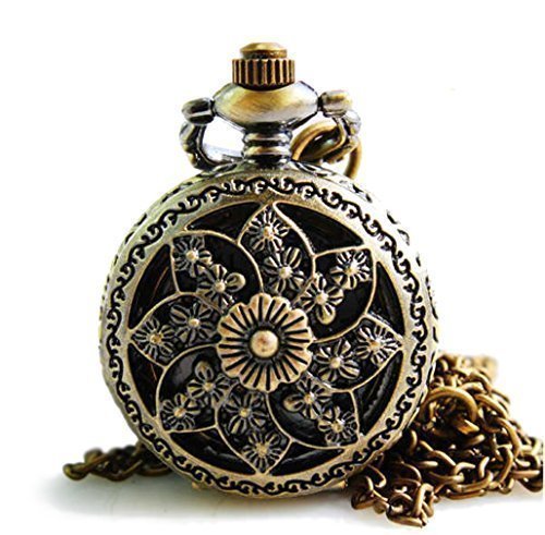 Tirio Bronze Skeleton Floral Quartz Pocket Watch Steampunk Watch Women Pendant Necklace and Gift Box