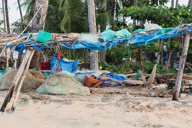 Fisherman in morning at the beach in Hàm Tiến