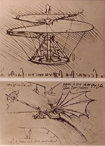 Diseños de máquinas voladoras realizados por Leonardo da Vinci.