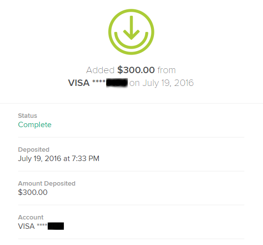 Screenshot of added money