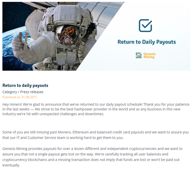 Genesis Mining, return to daily payouts