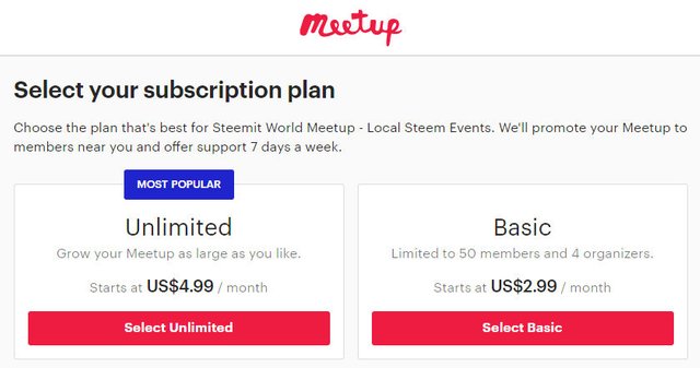 Meetup Subscription Plans