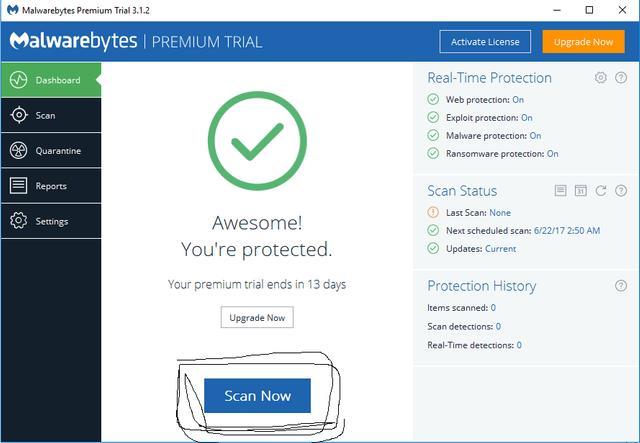 Malwarebytes Antimalware Scan Now location