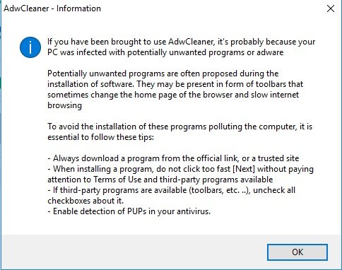 AdwCleaner Information Window