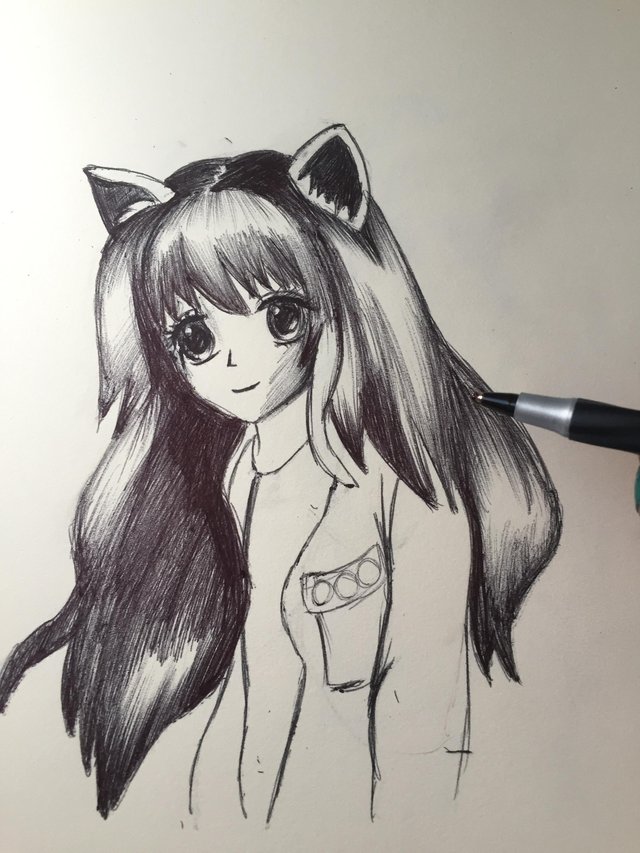 cat girl, anime girls, drawing, pencil drawing, tail, animal ears, weapon