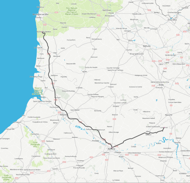 Map Hardelot-Amiens-Longueval