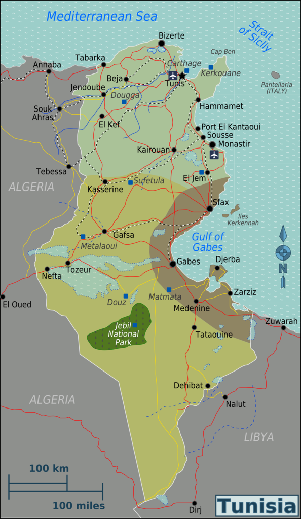 Map of Tunisia showing regions