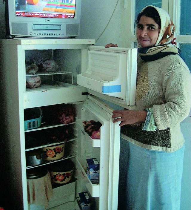 Woman showing fridge