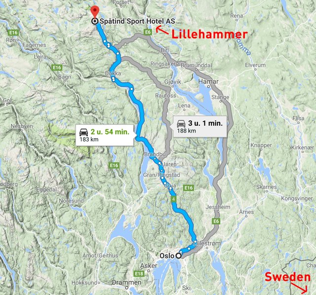 Oslo to Spåtind Sport Hotel Map