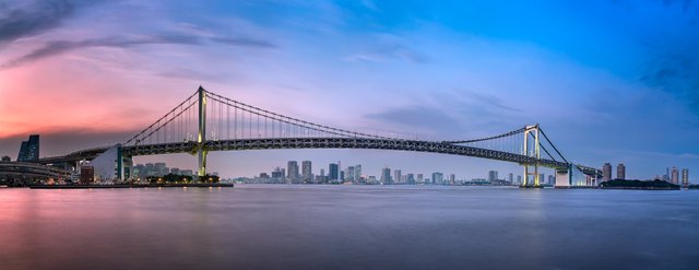 Panorama of Rainbow Bridge and Tokyo Skyline at Sunset, Tokyo, Japan