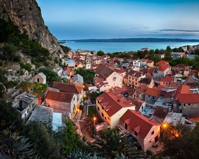 Aerial View of Omis and Church of the Holy Cross in the Evening, Omis, Dalmatia, Croatia