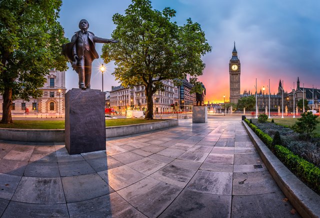 Panorama of Parliament Square and Queen Elizabeth Tower in London, United Kingdom