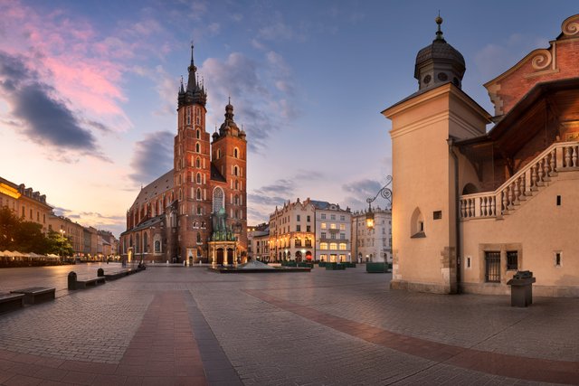 Panorama of Saint Mary Basilica in the Morning, Krakow, Poland