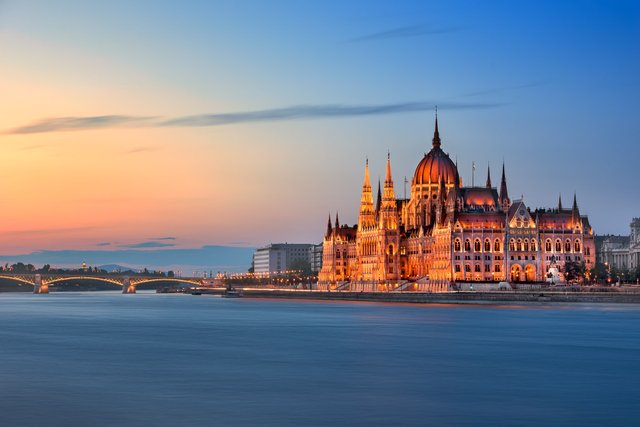 Budapest Parliament and Danube River Embankment in the Evening, Budapest, Hungary