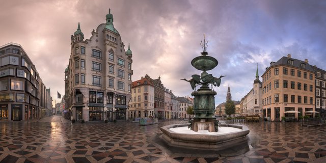 Panorama of Amagertorv Square and Stork Fountain in the Morning, Copenhagen, Denmark