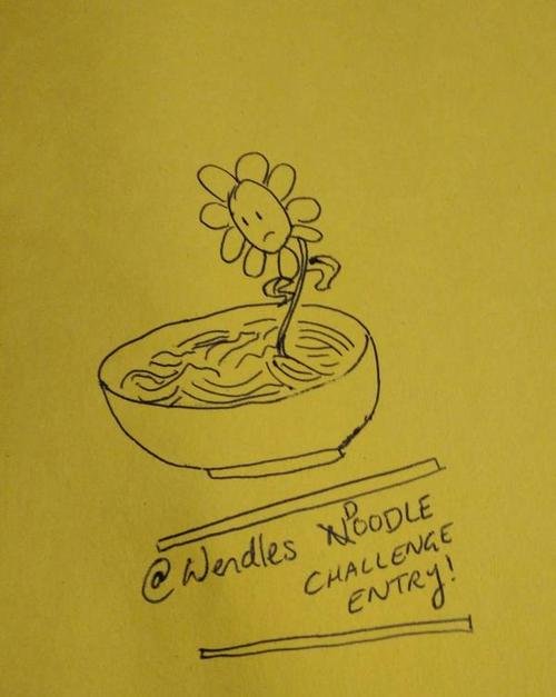A sketch of a daisy sitting in a bowl of noodles, looking non-plussed.