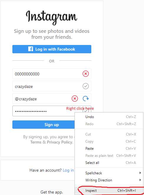 Step 2 Right Click Password Field and Select INSPECT