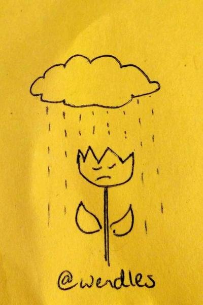 A sketch of a tulip standing defiantly beneath a raining cloud.