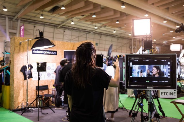 A visitor testing some of the gear available at the exposition