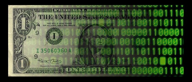 Image of currency of United States of America overlaid with binary