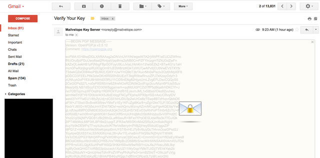 Mailvelop's encrypted email asking you to verify your Key