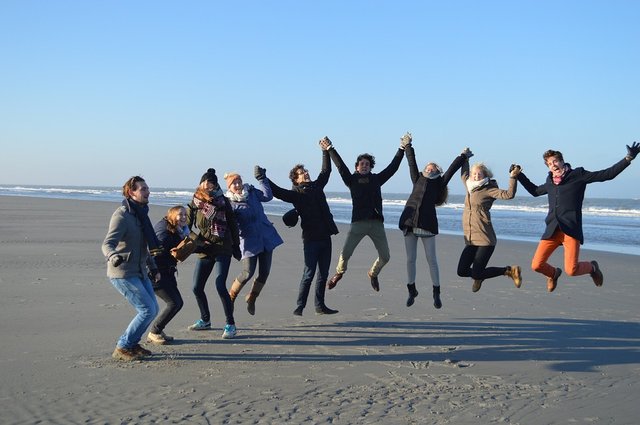 Jump, Group, Beach, Friends, Friendship, Merry, Joy