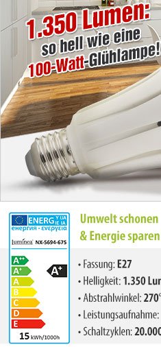 GRATIS statt 24,90 EUR: LED-Lampe E27, 15 Watt, 1350 Lumen, A+, tageslichtweiß 6.500 K