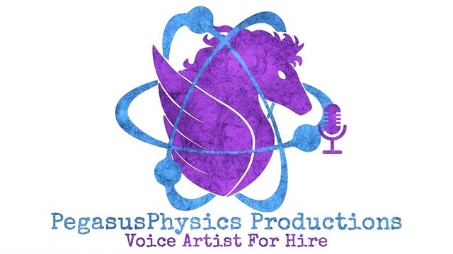 PegasusPhysics logo with a Microphone. Text: PegasusPhysics Productions; Voice Artist For Hire