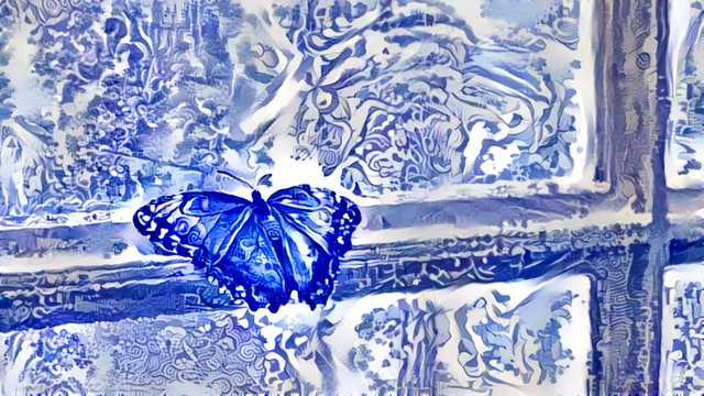 DeepDreamed butterfly on window Sill.