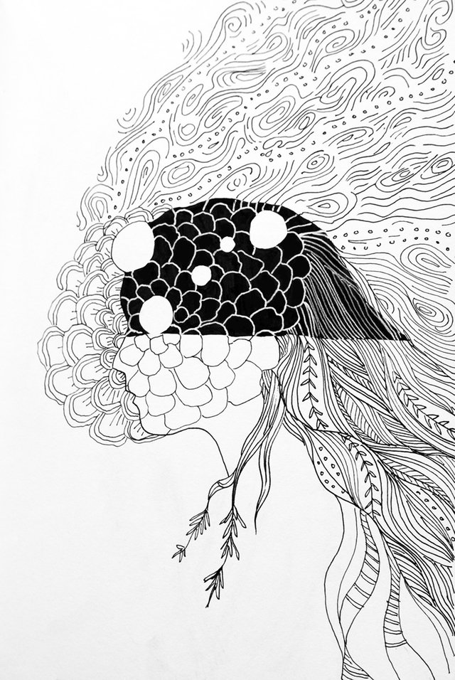 thinking peace meditation side view girl long hair line art drawing