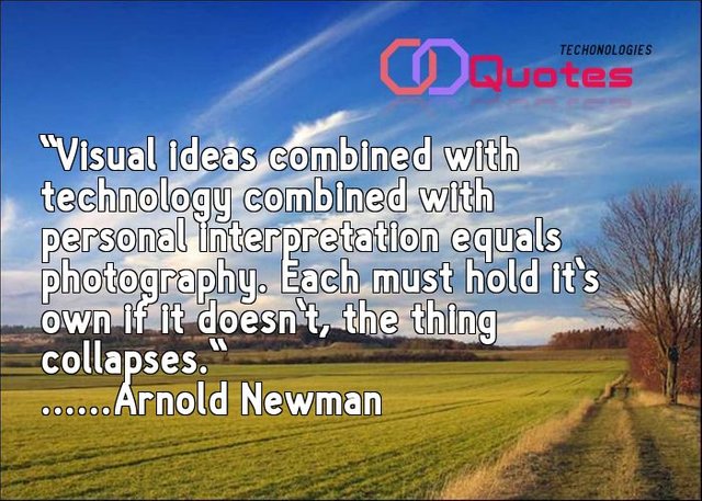 Arnold Newman quote|Visual ideas combined with technology combined with personal interpretation equals photography. Each must hold it's own if it doesn't, the thing collapses.