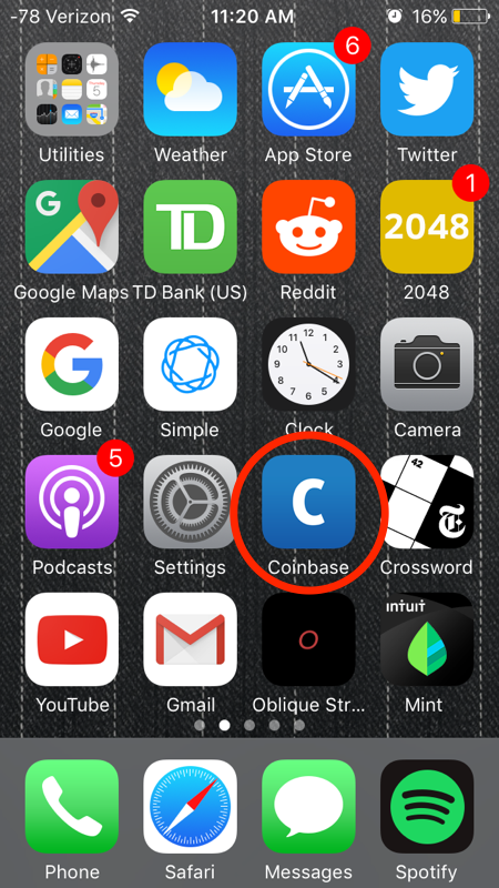 This is what the Coinbase app looks like on an iPhone.
