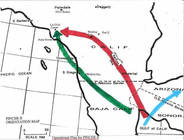 Operational Plan for PINCER II This simplified version of the detailed engineering drawing submitted in advance to the U.S. government (NOAA), shows how it was proposed to engineer rain into Los Angeles in July 1986. BLUE flow is the normal July path of moisture from the Gulf of California into Arizona, producing the Arizona “monsoon” season. RED flow is an engineered diversion of the blue flow. The engineering causes moisture to move, as shown on the map, into central Southern California. Bases at “Fort Z” and Banning, “bend” this flow through the Banning Pass into the L.A. Basin and to L.A. Civic Center. This is one arm of the “Pincer.” GREEN flow is the second arm of the “Pincer,: initiated by the base at Hatfield Flat, east of San Diego. This engineering induces moisture northwest from the Gulf of California and from Baja California, to flow up the coast toward Point Fermin, the southerly tip of Los Angeles. The Point Fermin base ensures that the rainfall moves northward to L.A. Civic Center.