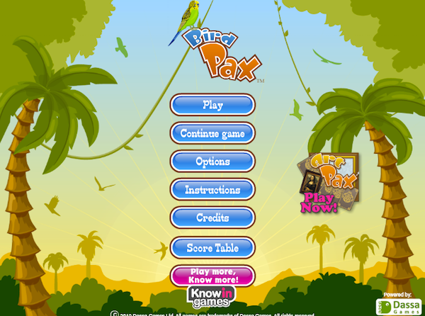 A photo of the main screen for the game Bird Pax