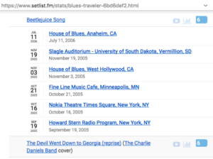 A screenshot showing Blues Traveler tour dates.